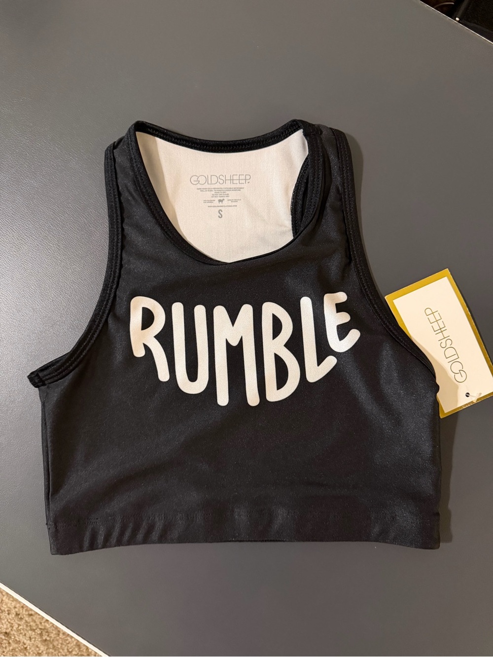 Goldsheep Black Crop Tank with White RUMBLE Graphic